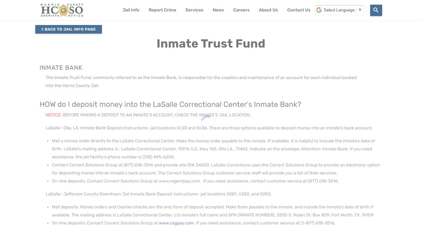 Inmate Trust Fund—Harris County Texas Sheriff's Office